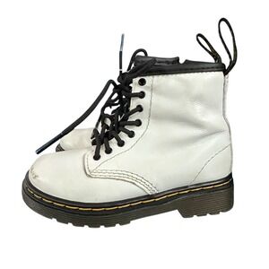 Kids Dr Martens 8 Eyelet White Leather Combat Boots Side Zip Size 8 Toddler